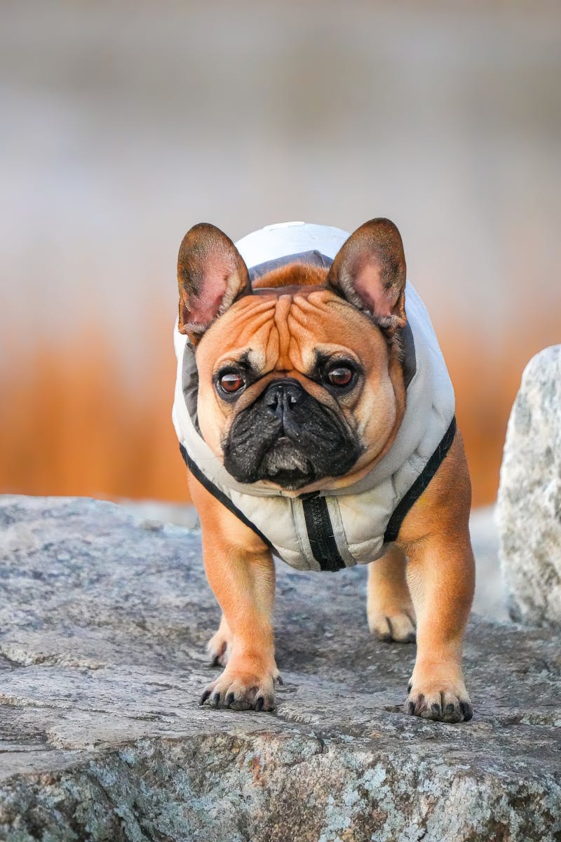 pexels photo 34790818 34790818 Charming French Bulldog wearing a jacket standing on a rock outdoors.